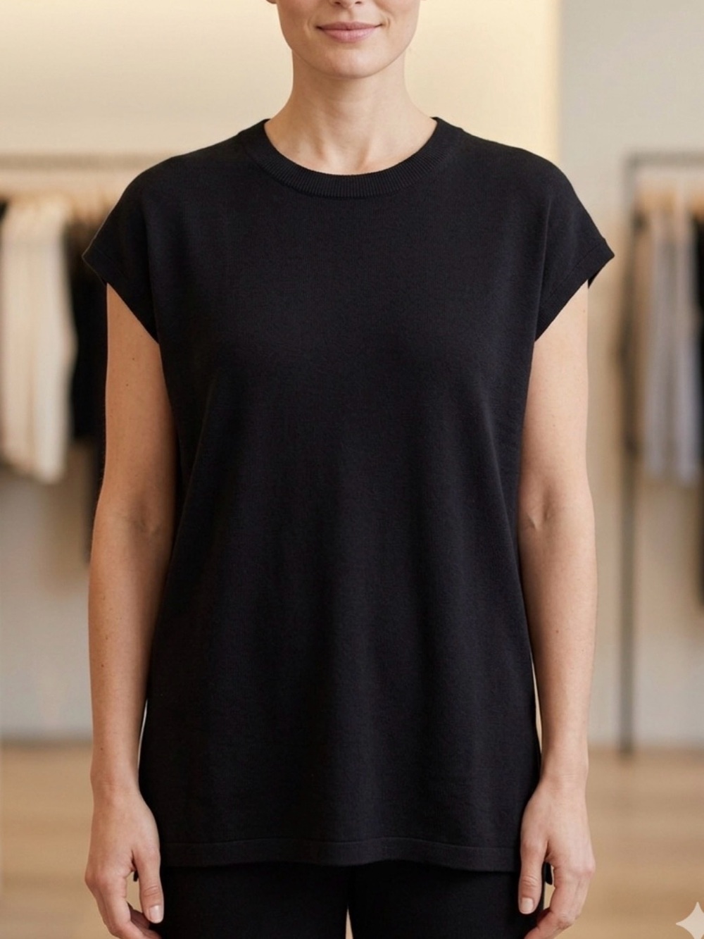 Eileen Fisher Minimalist Black Organic Cotton Cap Sleeve Box Top Tunic L